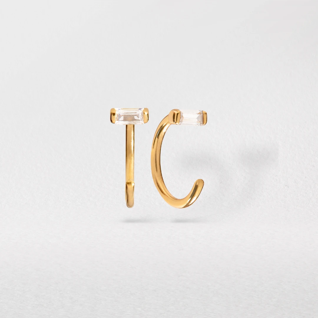 Gold Diamond Style Baguette Lobe Hoop Earrings - Image 3