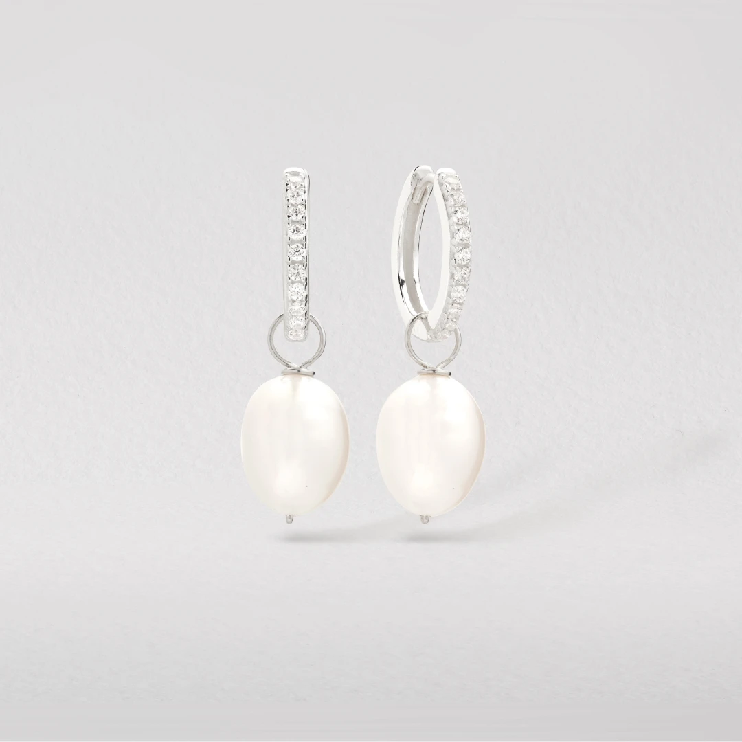 Silver Diamond Style Large Pearl Drop Hoop Earrings - Image 13