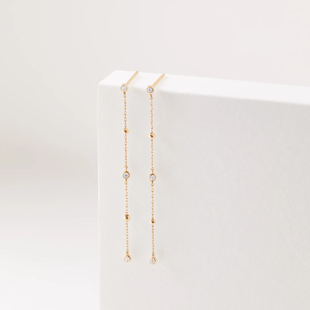 Gold Diamond Style Drop Satellite Stud Earrings - Image 4