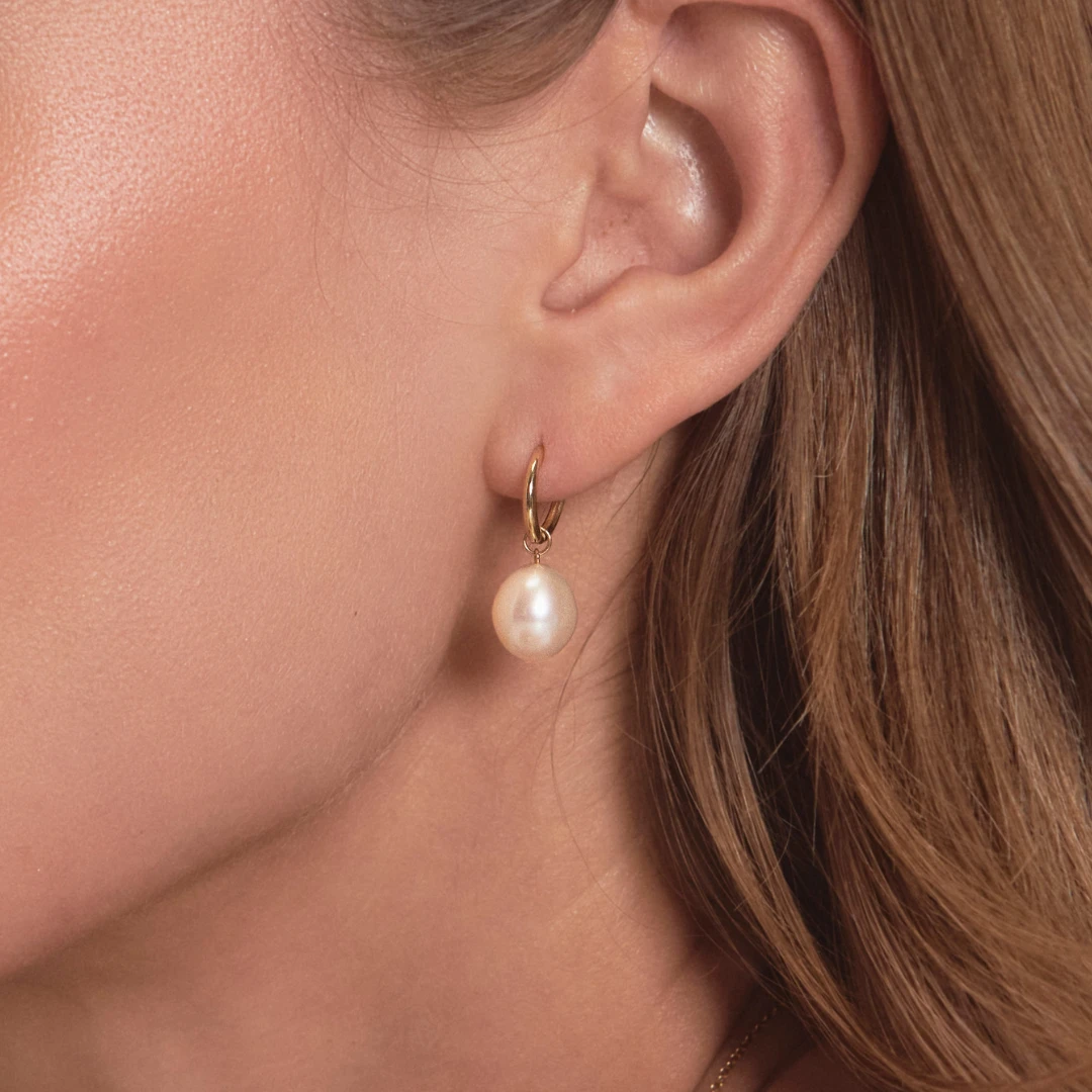 Silver Round Pearl Drop Huggie Hoop Earrings - Image 2