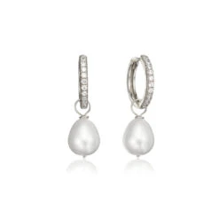 Solid White Gold Genuine Diamond Style Large Pearl Drop Hoop Earrings