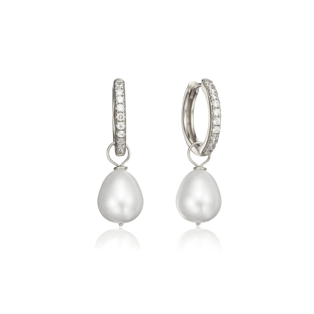 Silver Diamond Style Large Pearl Drop Hoop Earrings