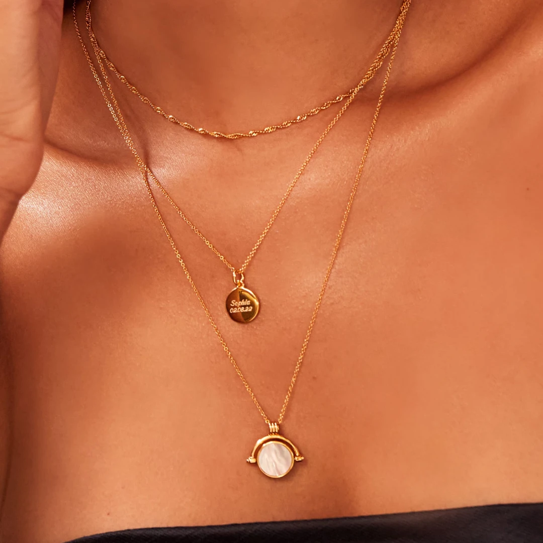 Gold Small Round Engraved Disc Necklace - Image 4