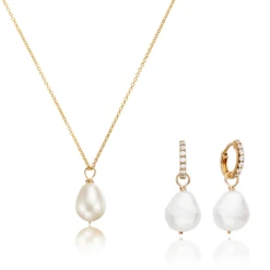 Gold Pearl Drop Huggies And Large Pearl Necklace Set