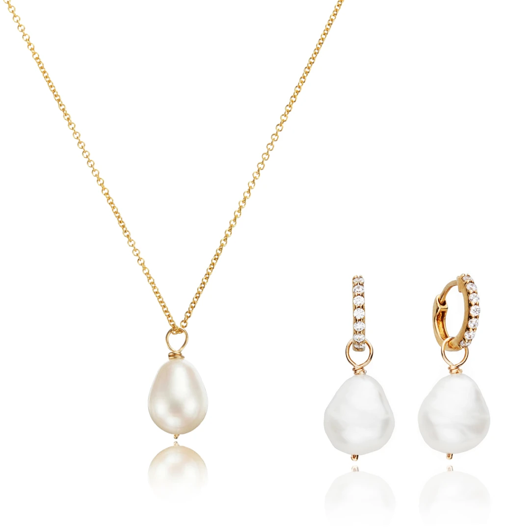 Gold Pearl Drop Huggies And Large Pearl Necklace Set