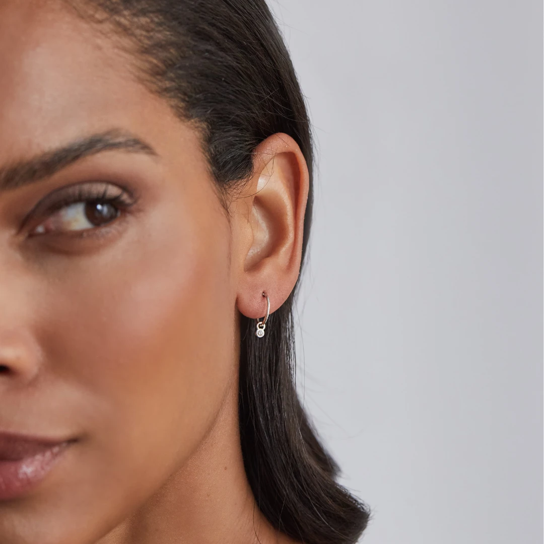 Solid White Gold Mini Floating Diamond Hoop Earrings - Image 2