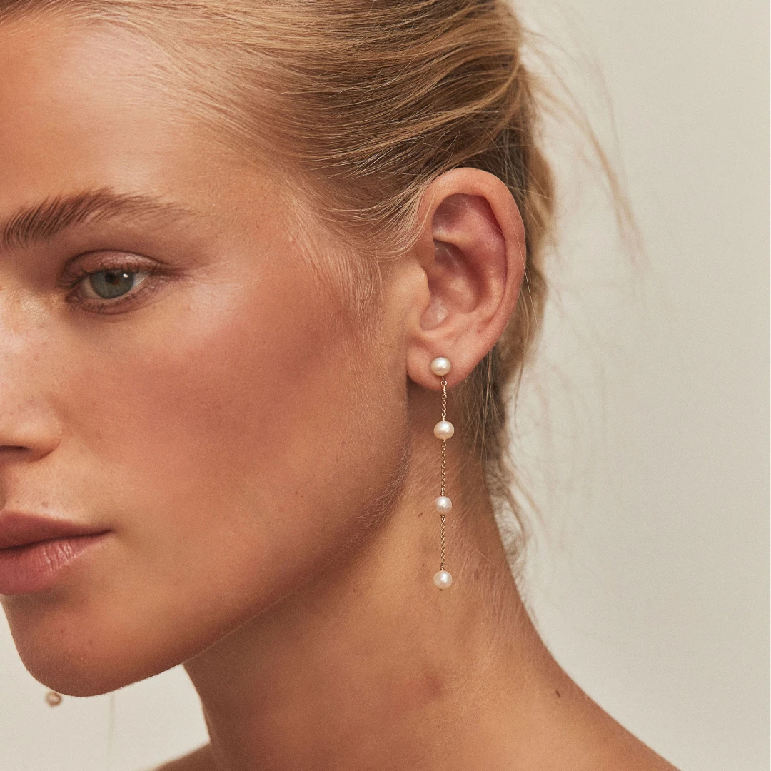 Gold Four Pearl Drop Earrings - Image 2