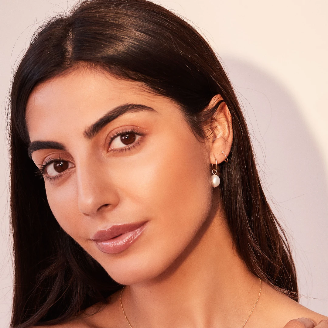 Solid Gold Large Pearl Drop Hoop Earrings - Image 8