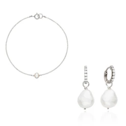 Silver Pearl Drop Huggies And Single Pearl Bracelet Set