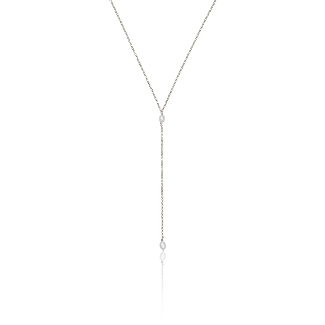 Solid White Gold Double Seed Pearl Lariat Necklace
