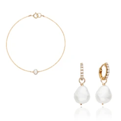 Gold Pearl Drop Huggies And Single Pearl Bracelet Set