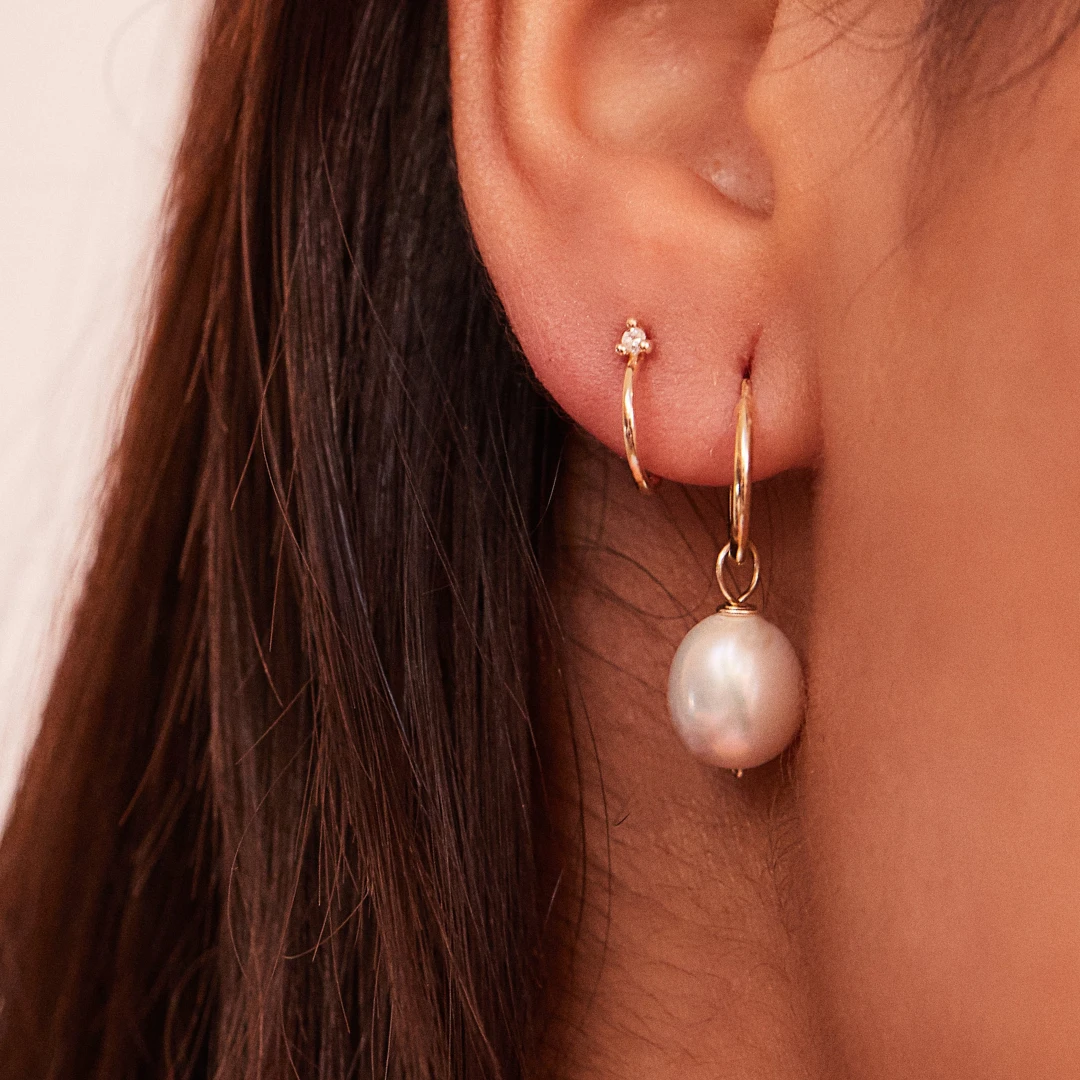 Solid White Gold Large Pearl Drop Hoop Earrings - Image 6