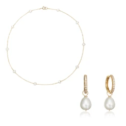 Gold Diamond Style Large Pearl Hoops And Ten Pearl Choker Set