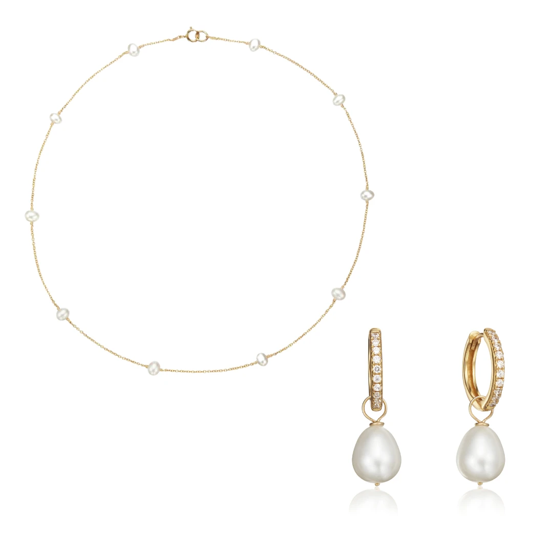 Gold Diamond Style Large Pearl Hoops And Ten Pearl Choker Set