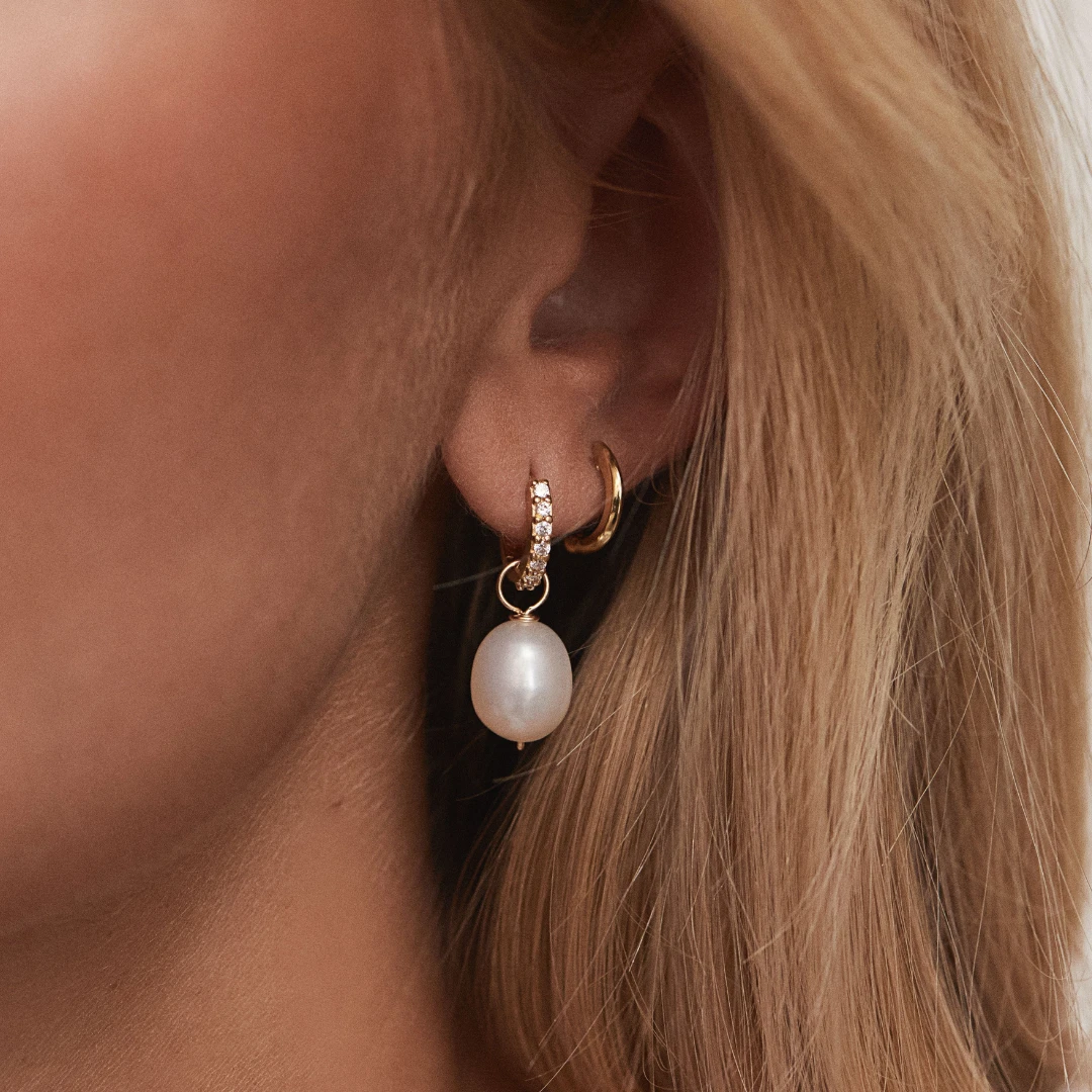 Gold Huggie Pearl Drop Earrings - Image 2