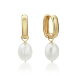 Gold Thick Squared Hoop Pearl Drop Earrings