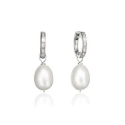 Silver Diamond Style Baguette Pearl Drop Hoop Earrings
