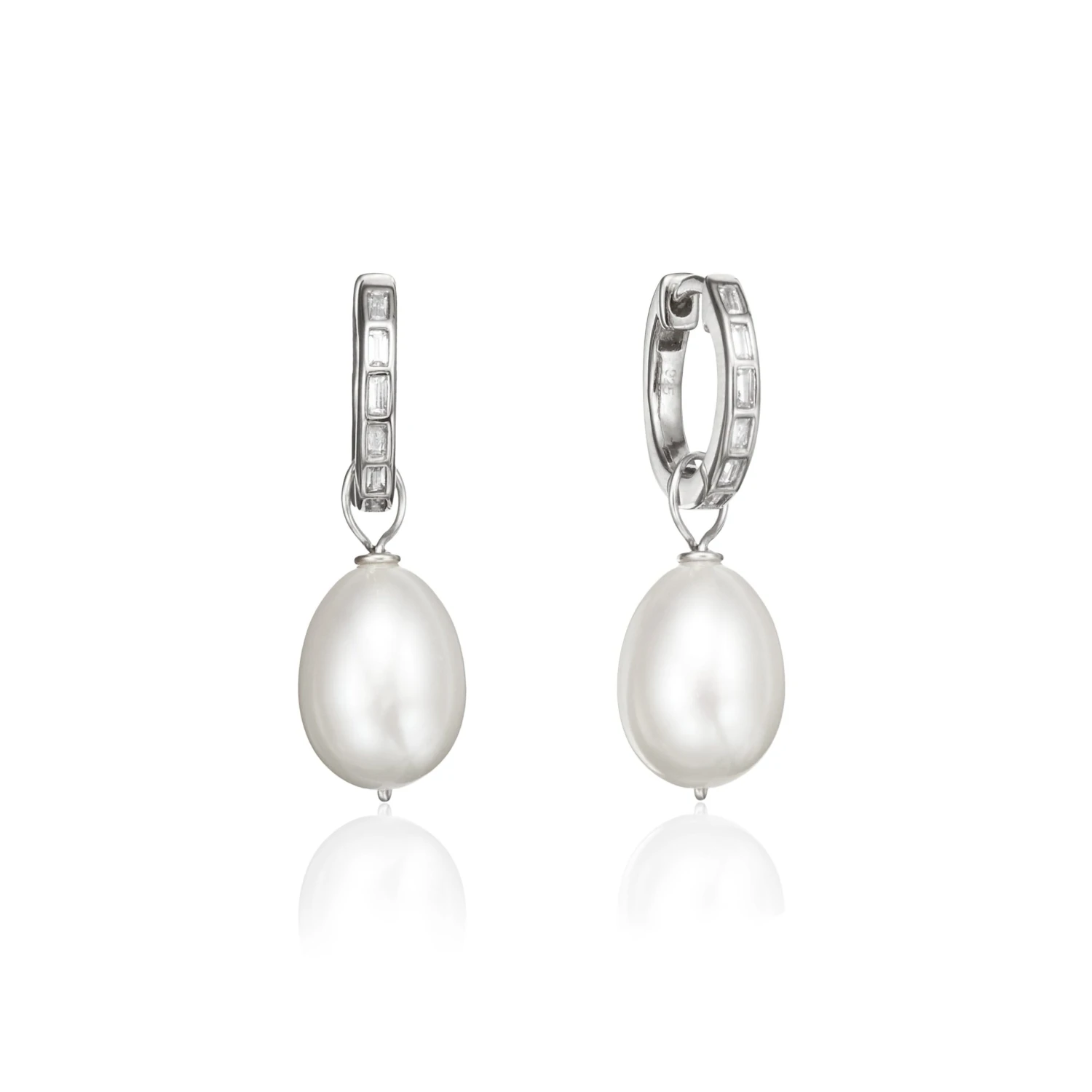 Silver Diamond Style Baguette Pearl Drop Hoop Earrings