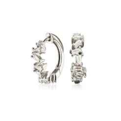 Silver Diamond Style Jagged Huggie Hoop Earrings