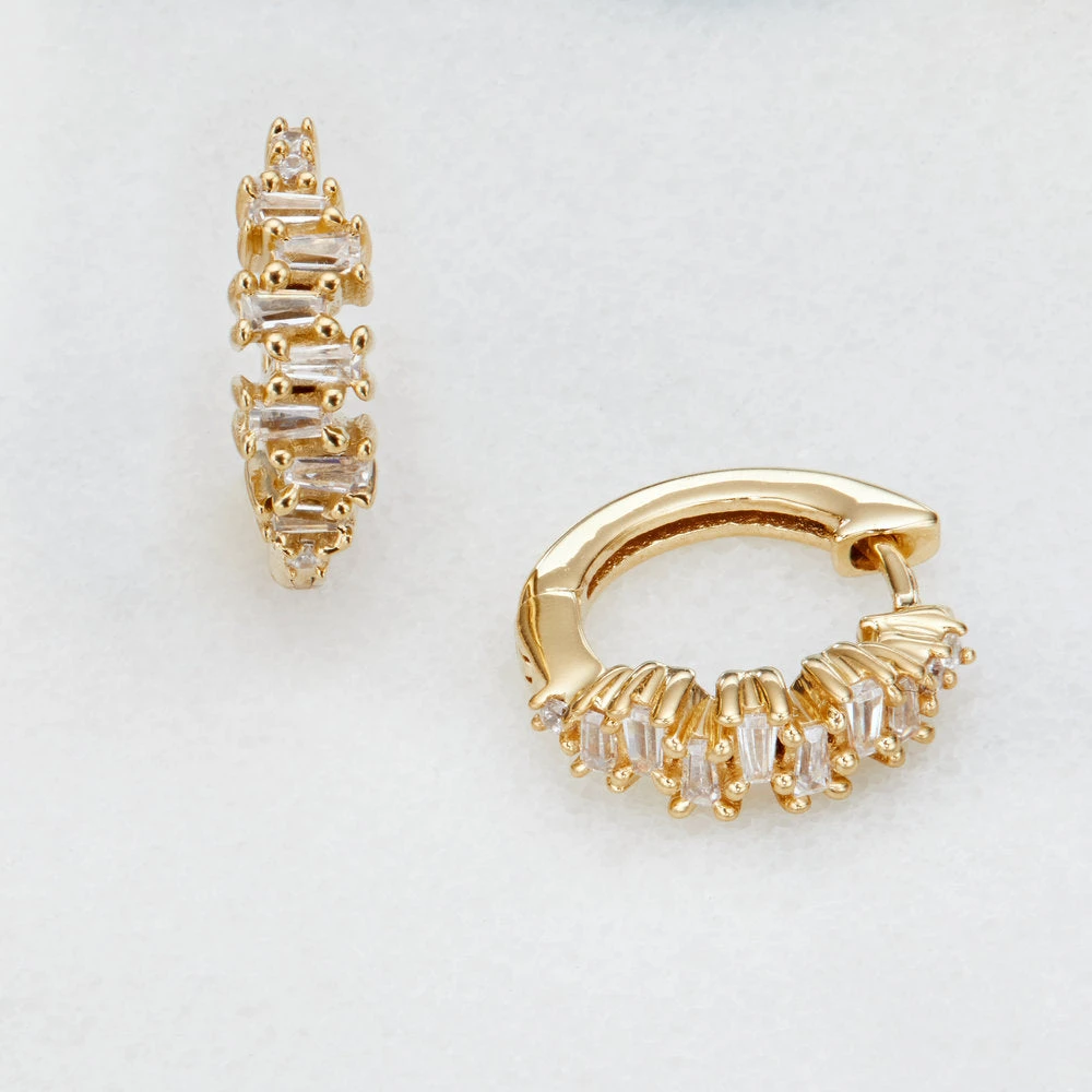 Silver Diamond Style Stacked Baguette Huggie Hoop Earrings - Image 4