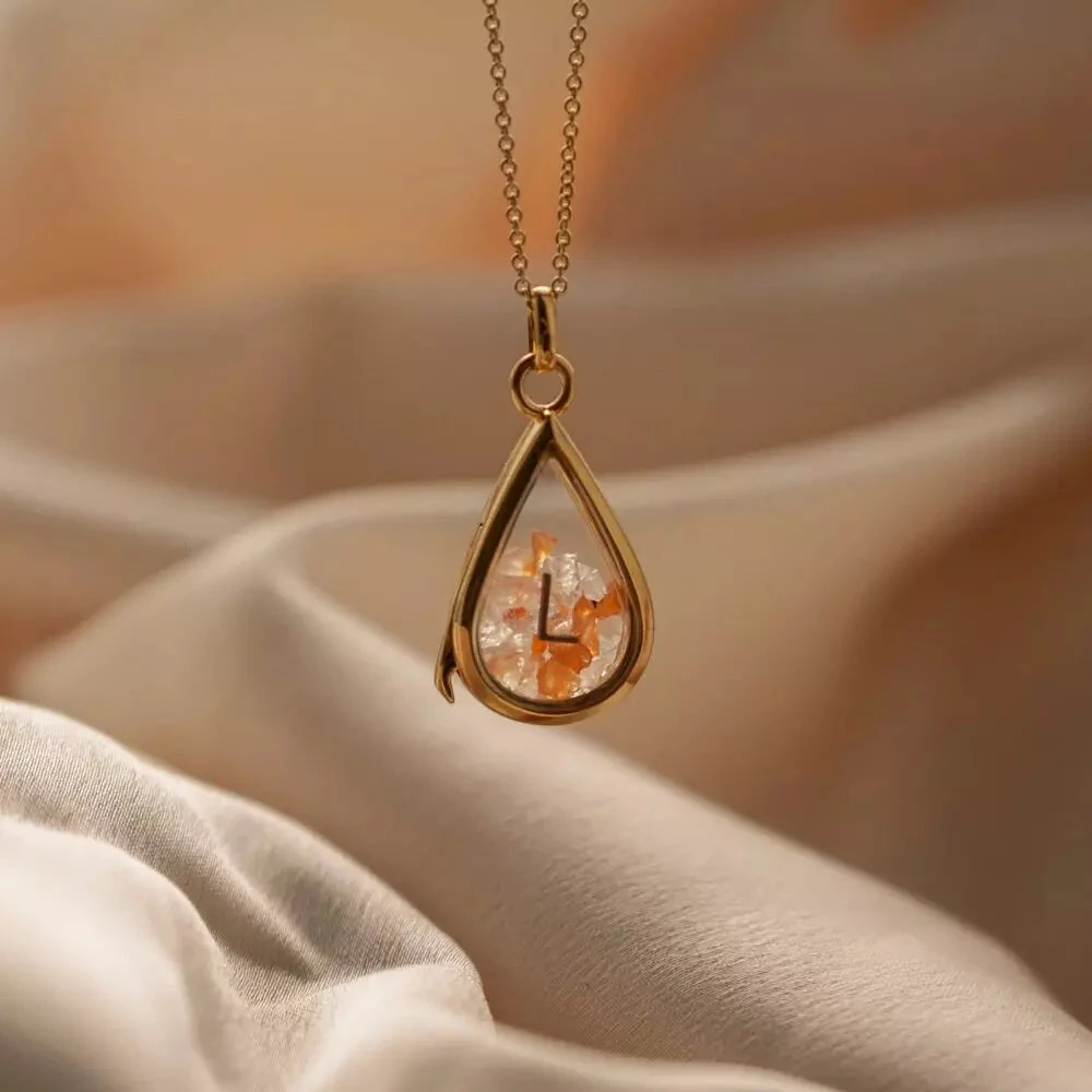 Gold Glass Gemstone Teardrop Locket - Image 6