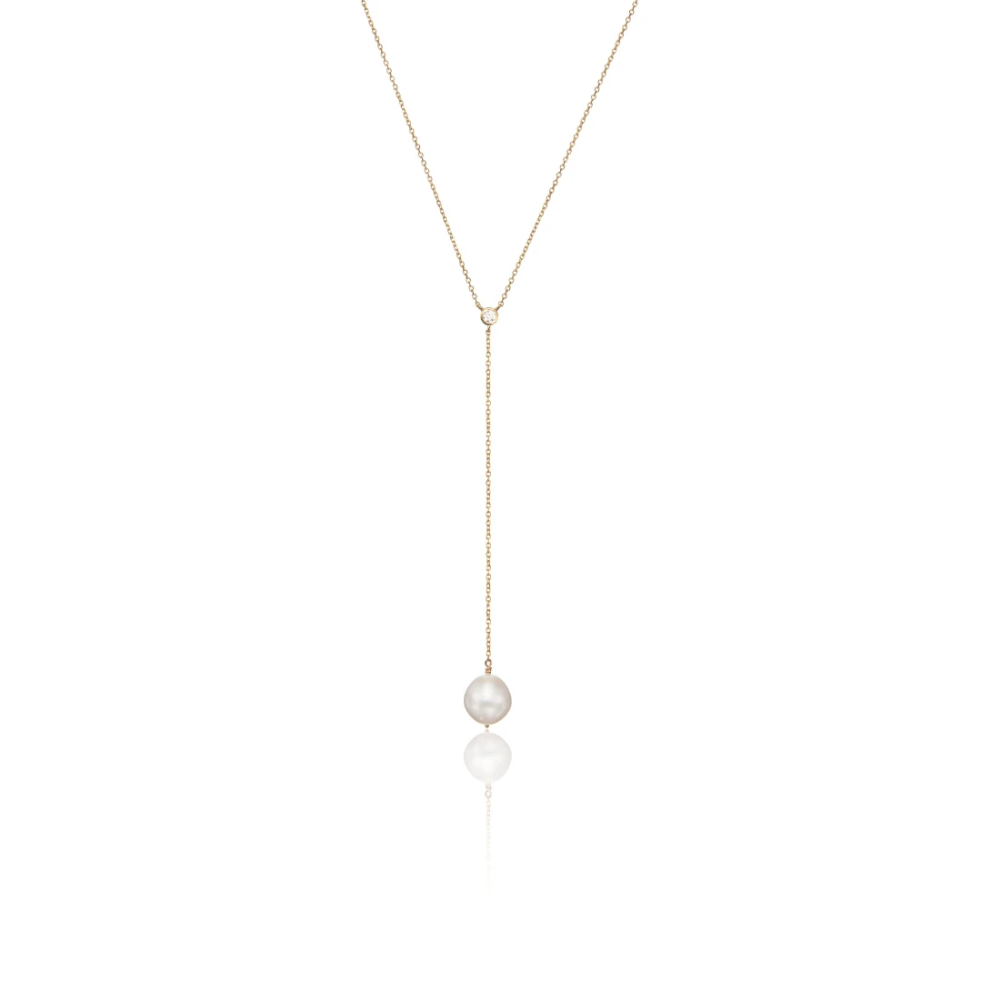 Gold Single Diamond Pearl Lariat Necklace