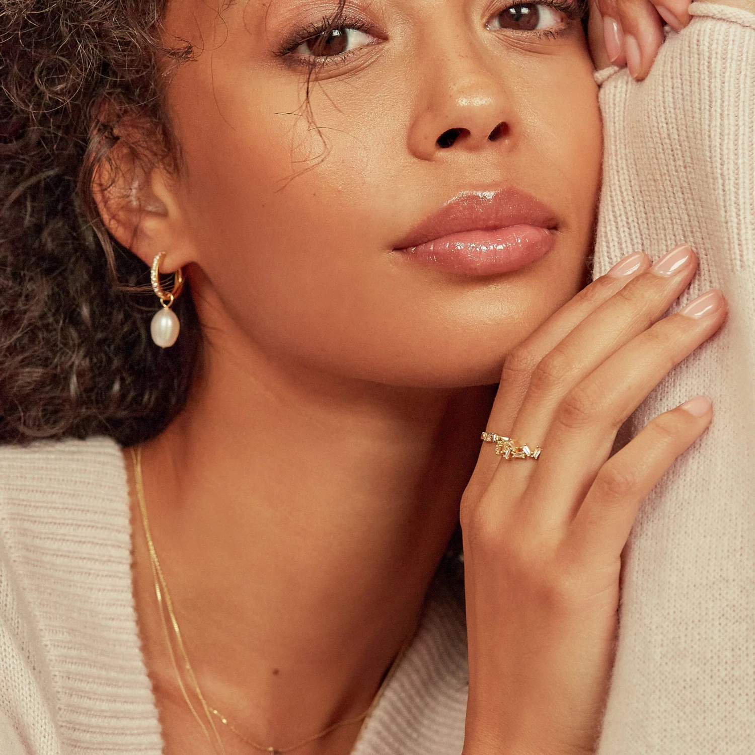 Gold Diamond Style Large Pearl Drop Hoop Earrings - Image 7