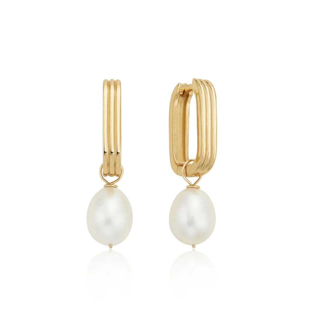 Gold Ribbed Pearl Drop Hoop Earrings
