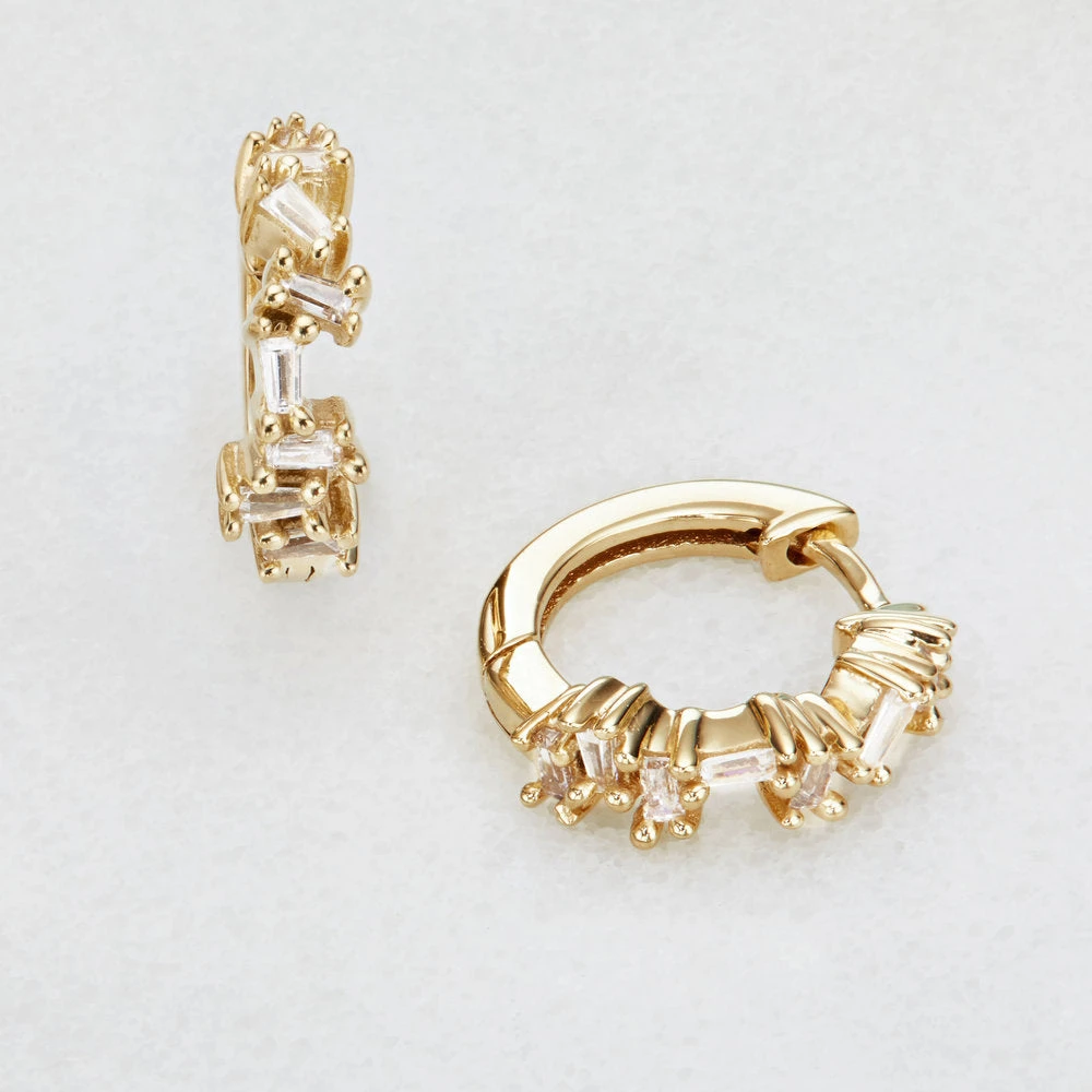 Gold Diamond Style Jagged Huggie Hoop Earrings - Image 3