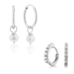 Silver Diamond Style Huggies And Small Pearl Drop Hoop Earrings Set