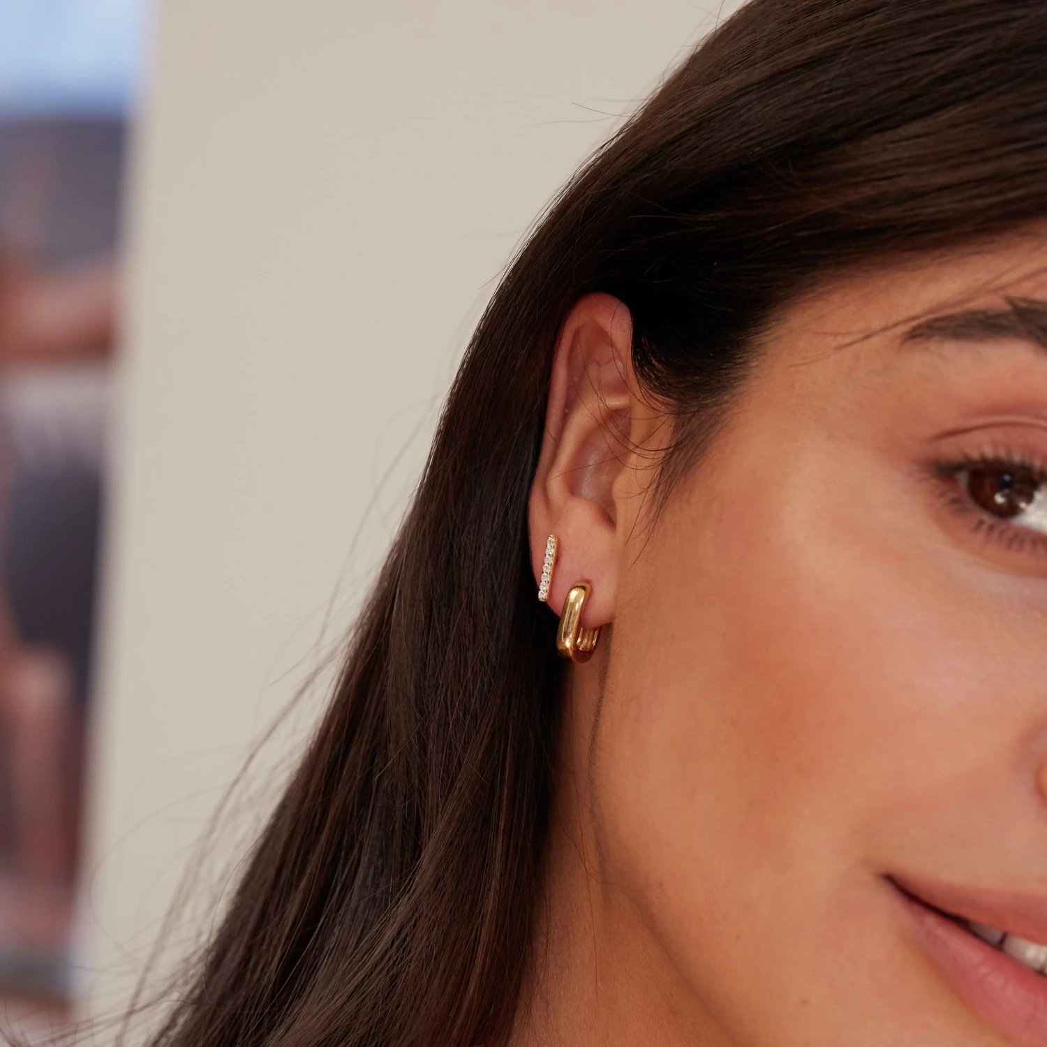 Gold Diamond Style Bar Stud Earrings - Image 4