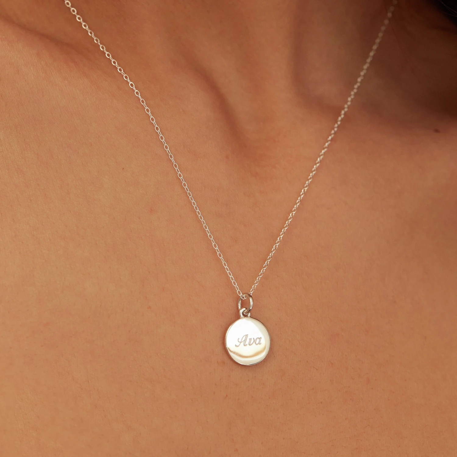 Silver Small Round Engraved Disc Necklace - Image 3