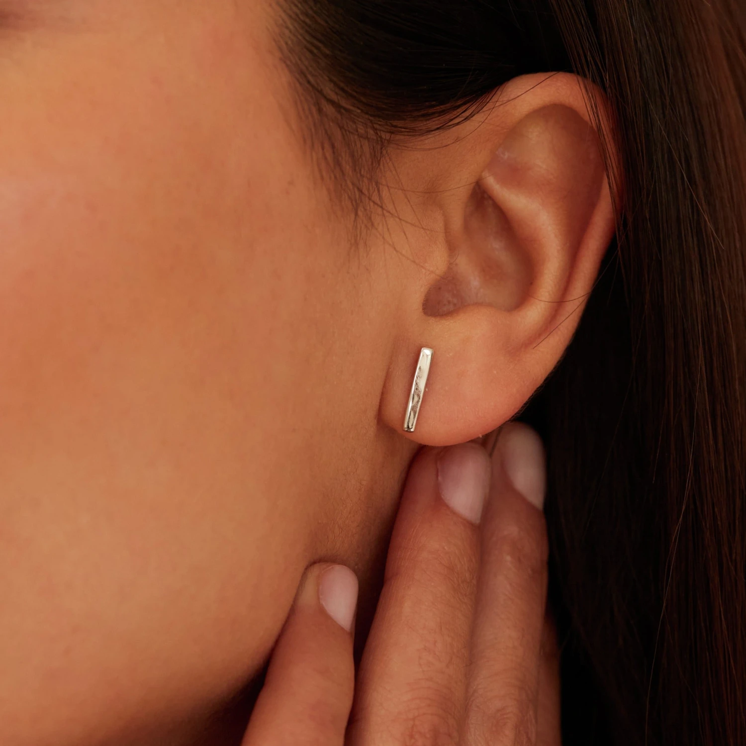 Silver Plain Bar Stud Earrings - Image 2