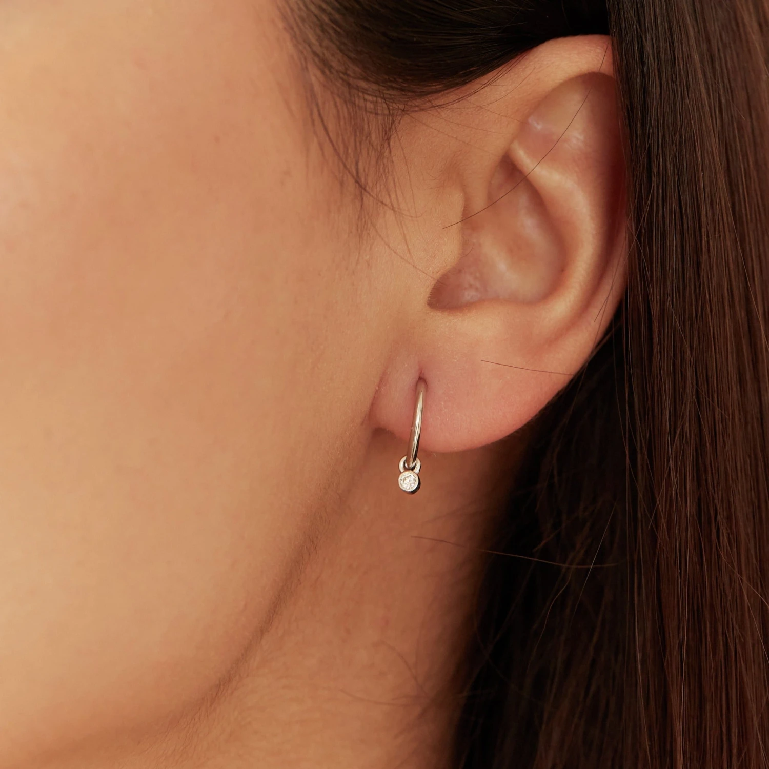 Solid White Gold Mini Floating Diamond Hoop Earrings - Image 3