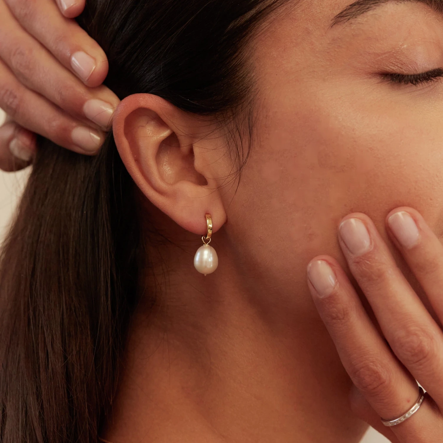 Silver Plain Huggie Pearl Drop Hoop Earrings - Image 4