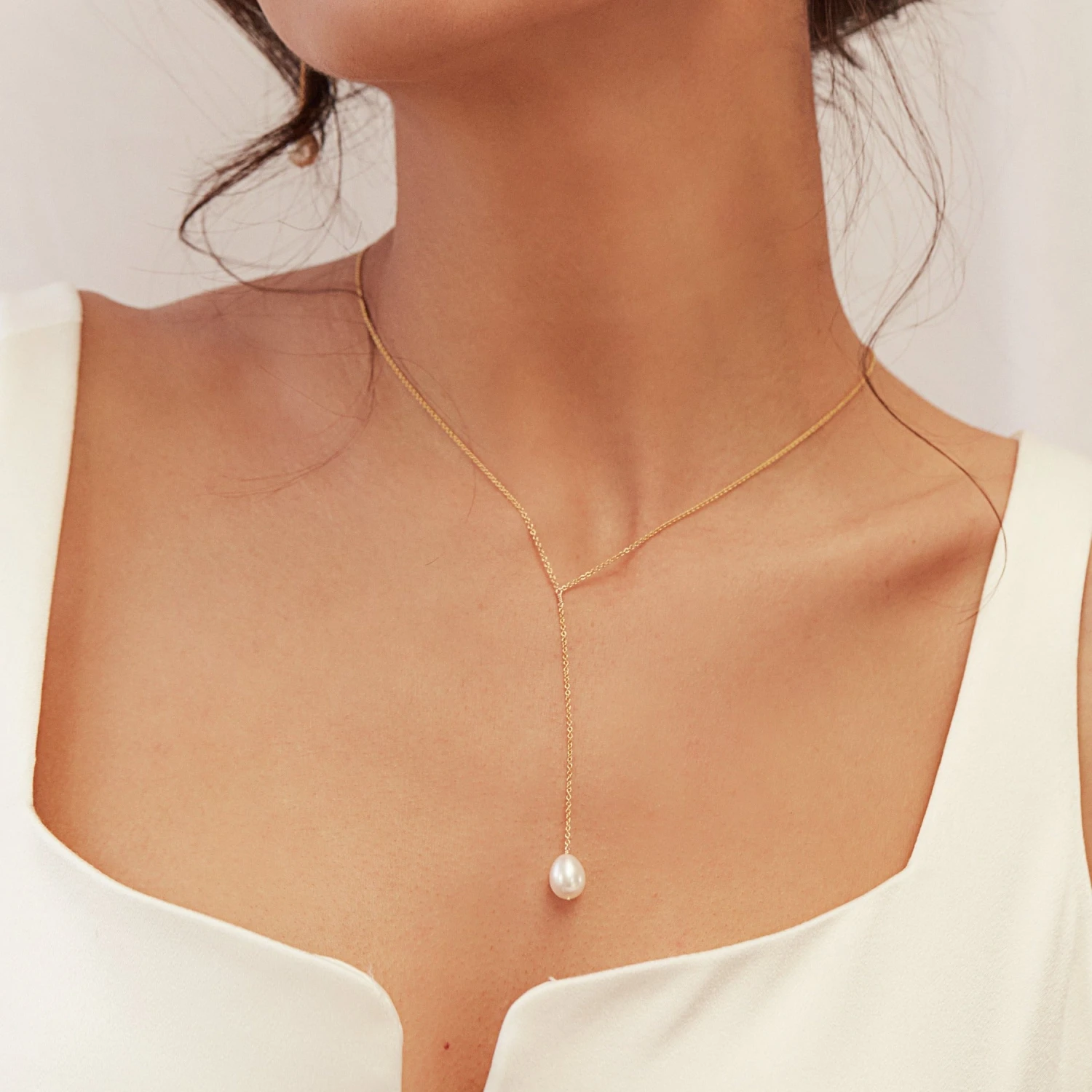 Gold Large Pearl Lariat Necklace - Image 7