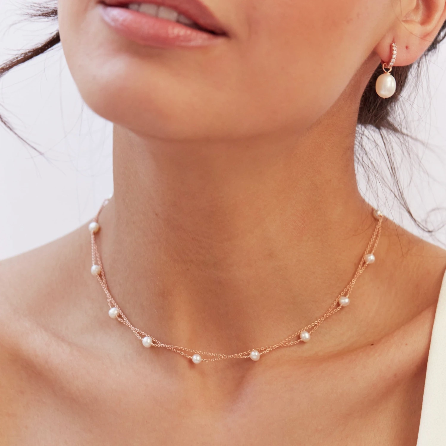 Rose Gold Layered Pearl Necklace - Image 2