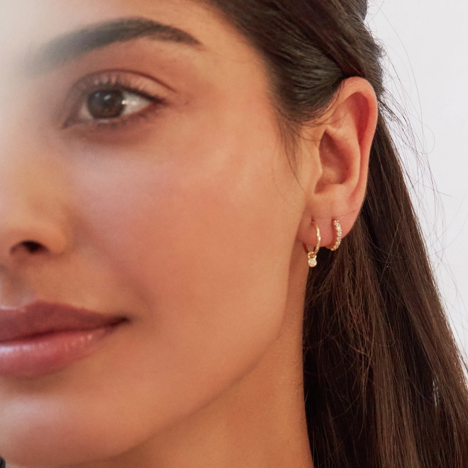 Solid Gold Mini Floating Diamond Hoop Earrings - Image 4