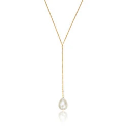 Gold Large Pearl Lariat Necklace