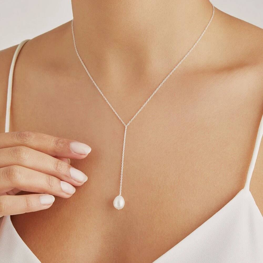 Silver Large Pearl Lariat Necklace - Image 3