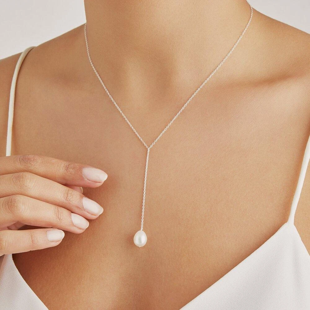 White Gold Large Pearl Lariat Necklace - Image 2