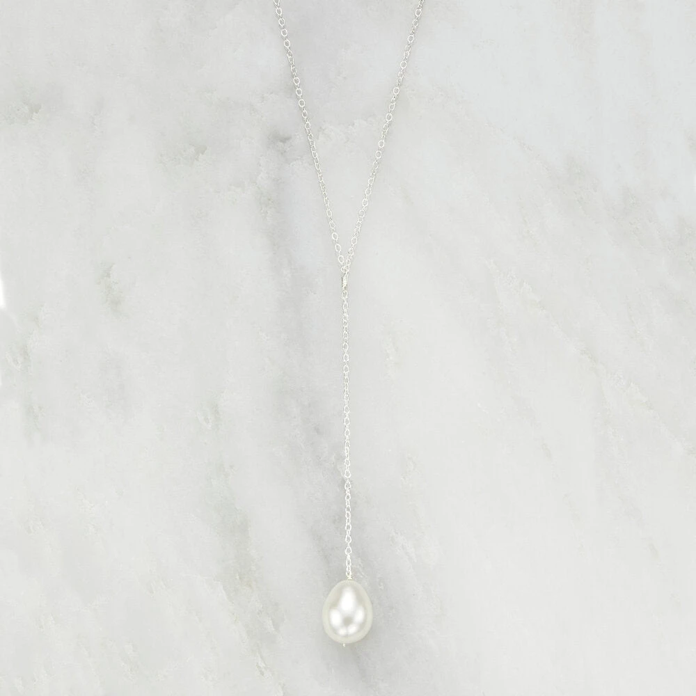 Silver Large Pearl Lariat Necklace - Image 5