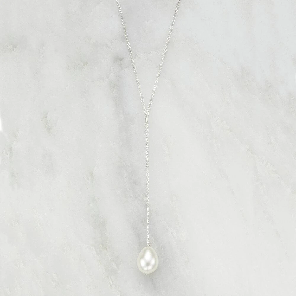 White Gold Large Pearl Lariat Necklace - Image 3