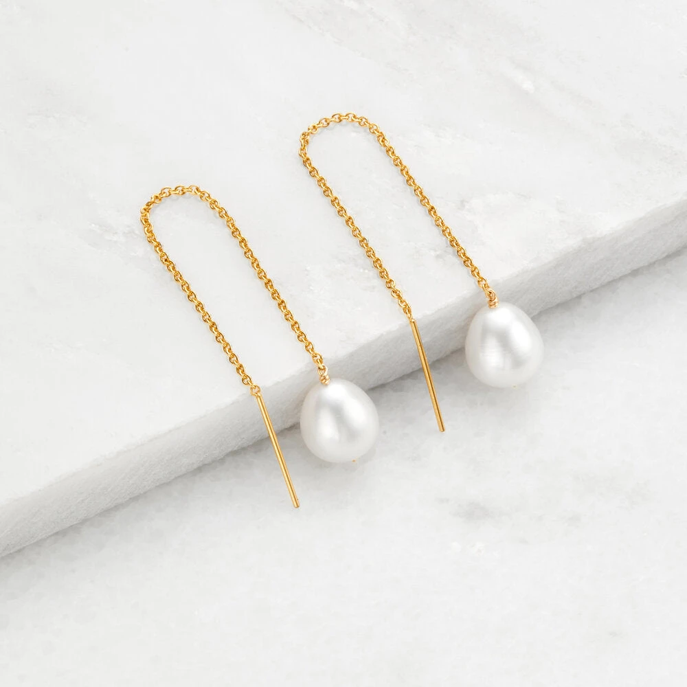 Gold Large Pearl Drop Ear Threaders - Image 3