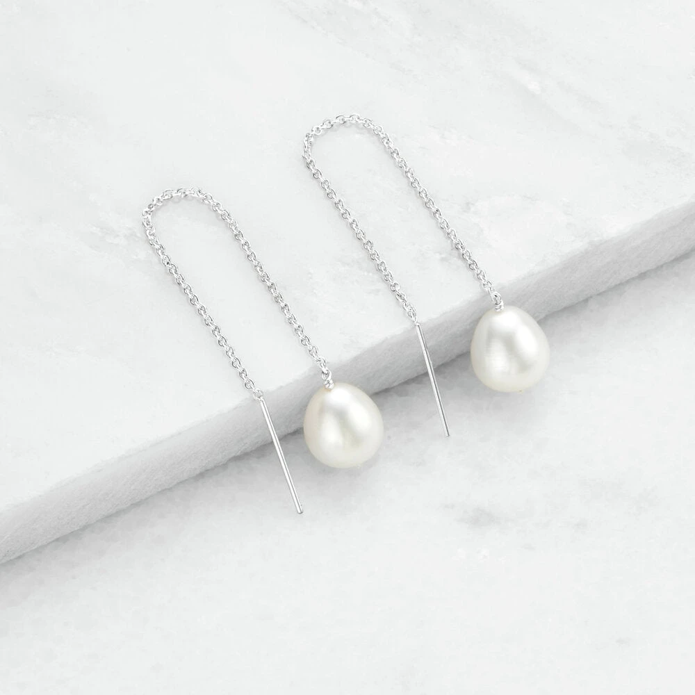 Silver Large Pearl Drop Ear Threaders - Image 3