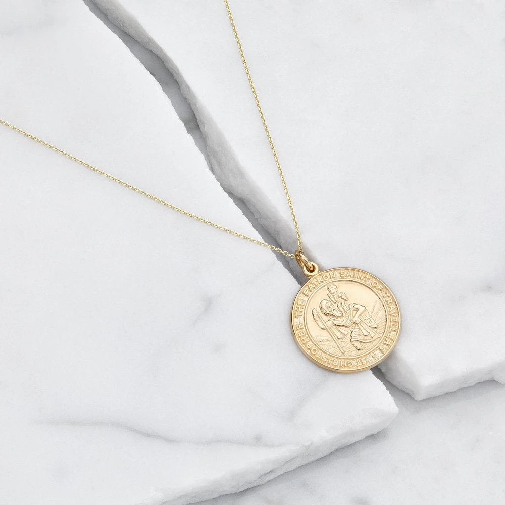 Solid Gold Large Round St Christopher Medallion Necklace - Image 3