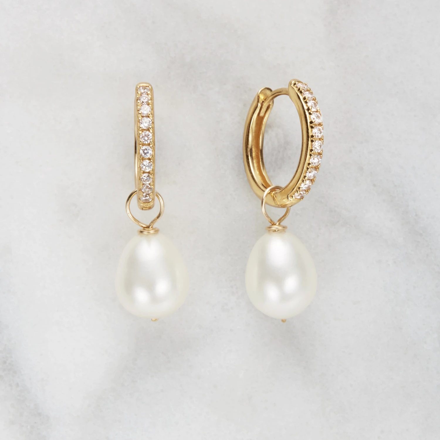 Gold Diamond Style Large Pearl Drop Hoop Earrings - Image 6
