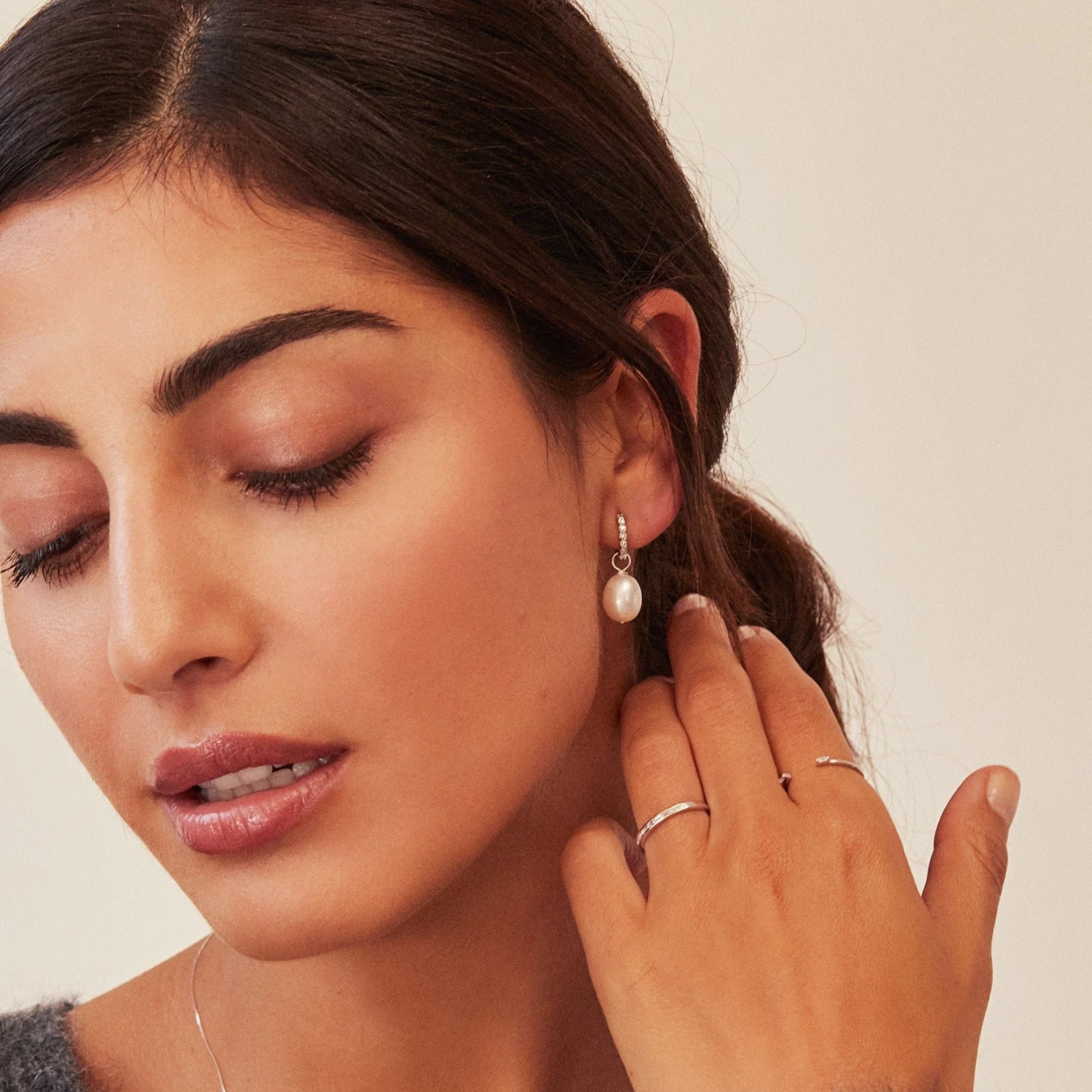 Silver Huggie Pearl Drop Earrings - Image 3