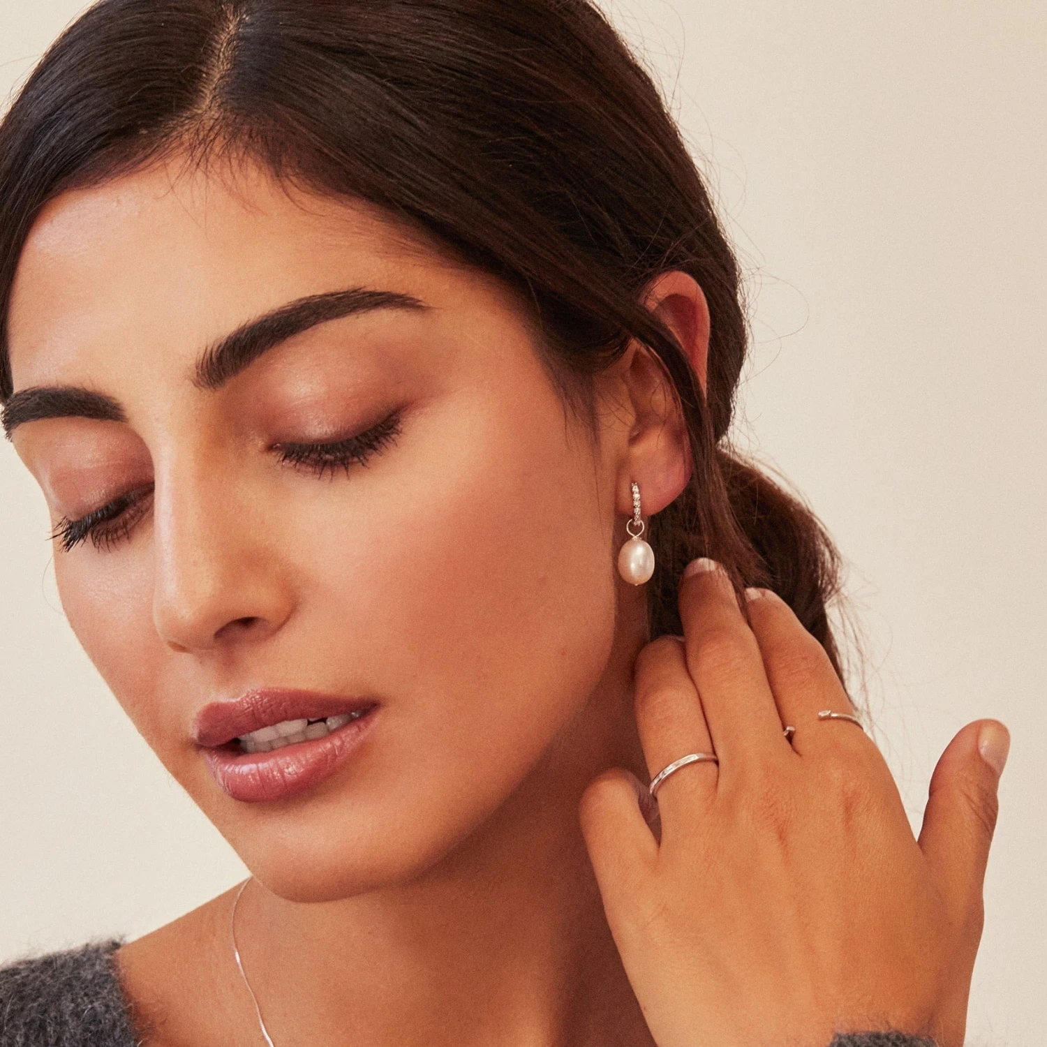 Solid White Gold Genuine Diamond Huggie Pearl Drop Earrings - Image 5