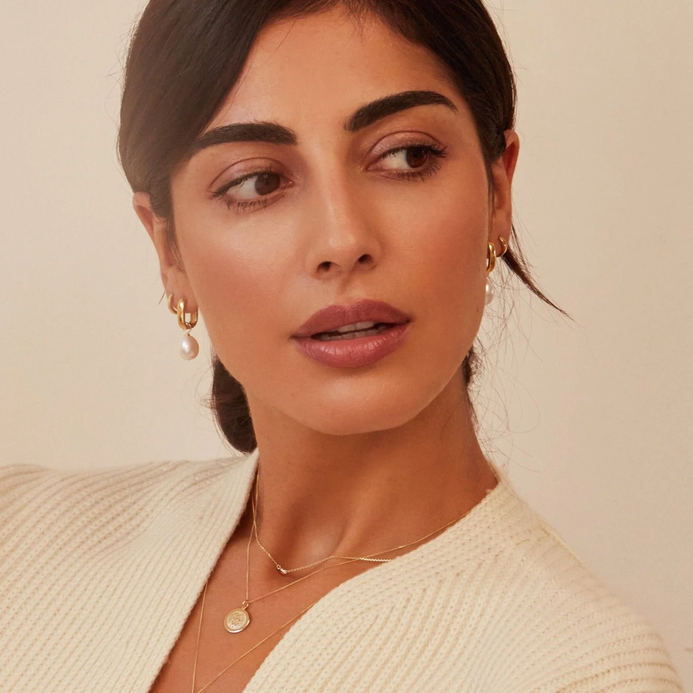 Gold Thick Squared Hoop Pearl Drop Earrings - Image 3